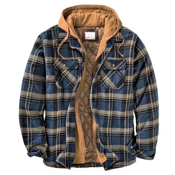 Winter Thick Blue And Chic Black Plaid Flannel Casual Shirt Hooded Jacket