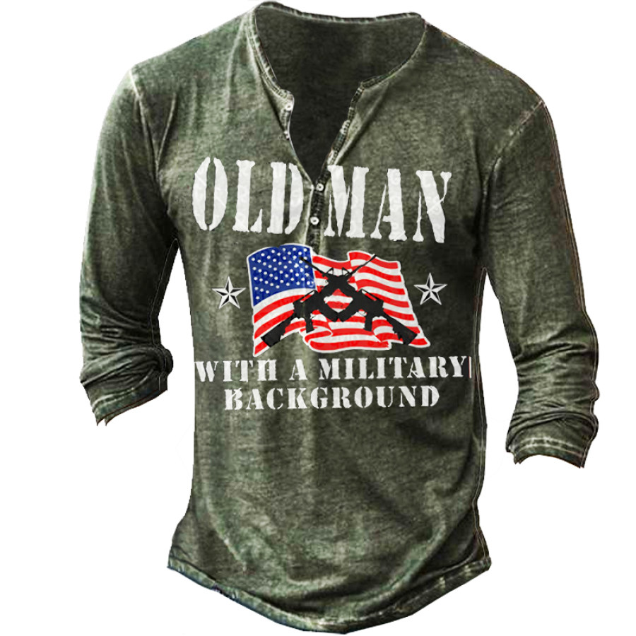 

Old Men With A Militaaryi Backgrouund Men's Vintage Henley Button Long Sleeve Shirt