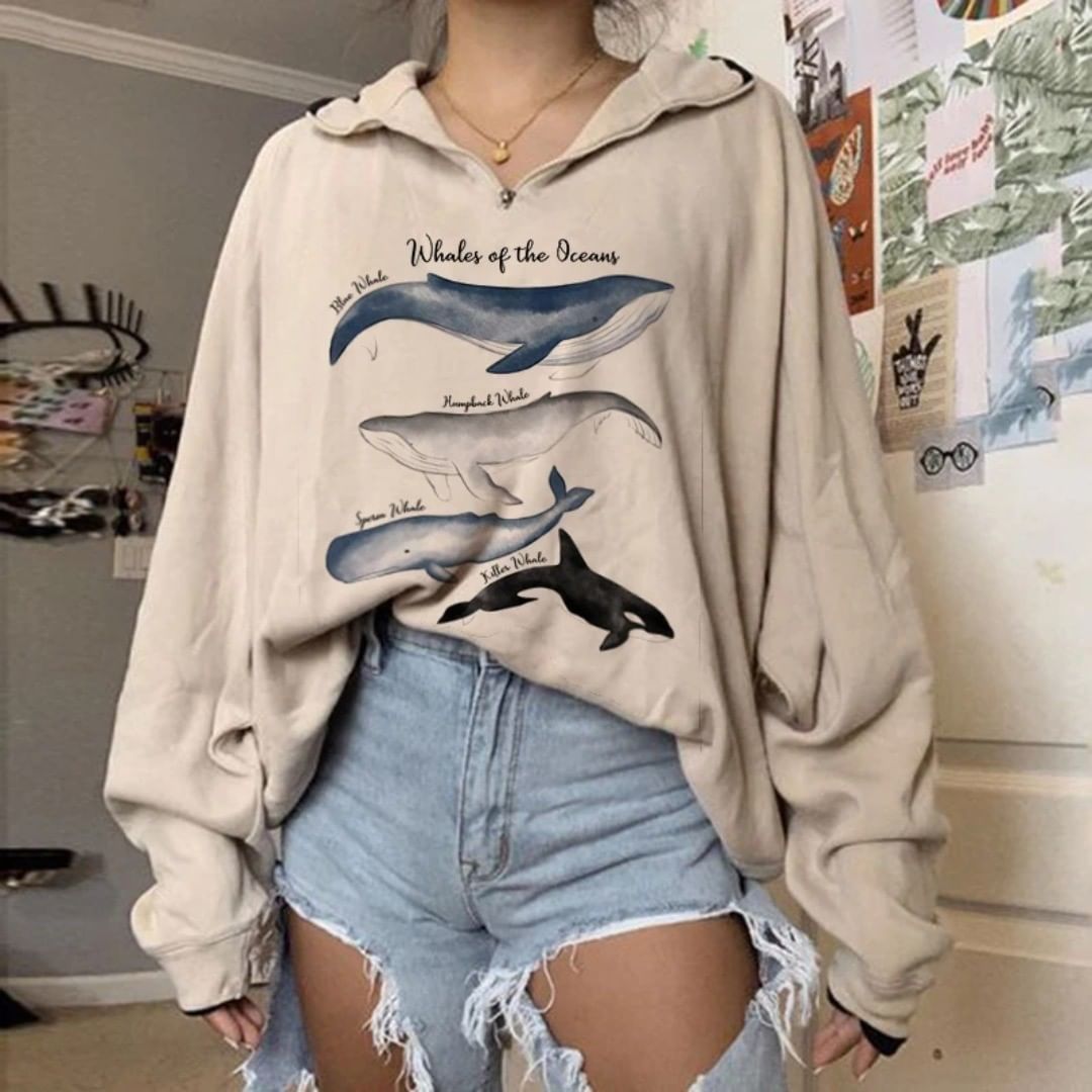 Casual Solid Color Zip up Loose Sweatshirt Wq42