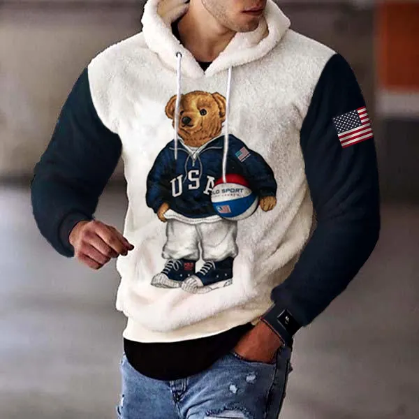 American Flag Bear Lamb Wool Warm Hoodie - Faciway.com 