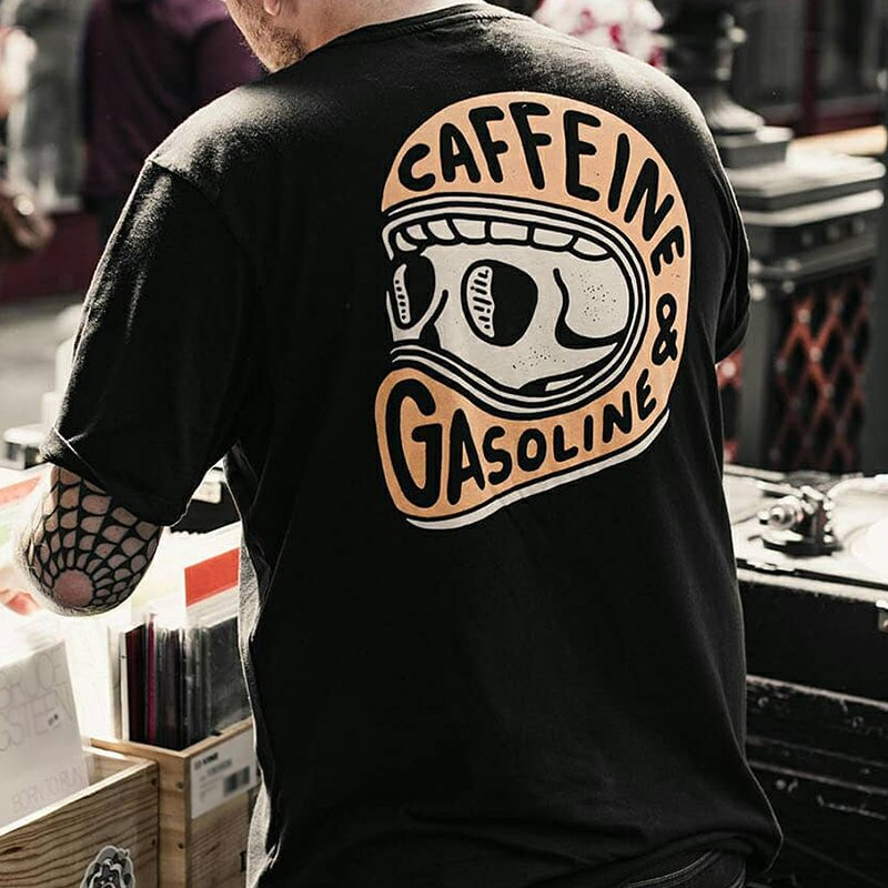 Caffeine & Gasoline Skull Print Chic Black T-shirt
