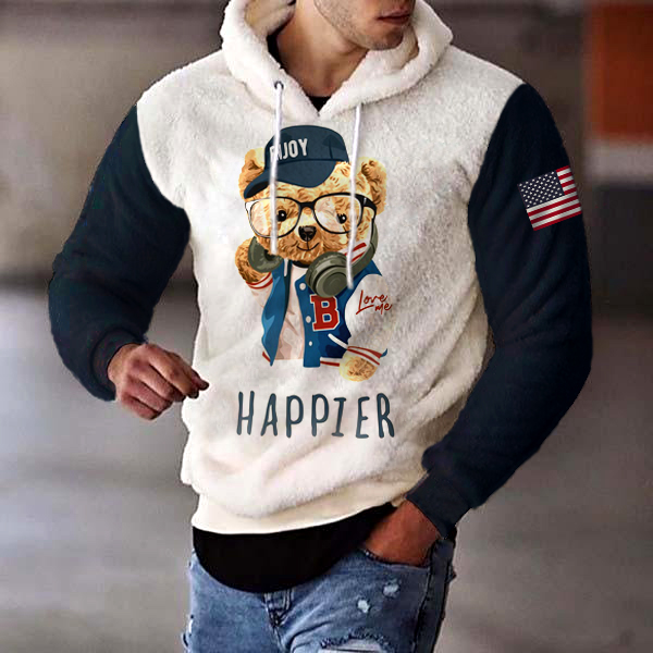 American Flag Bear Lamb Wool Warm Hoodie