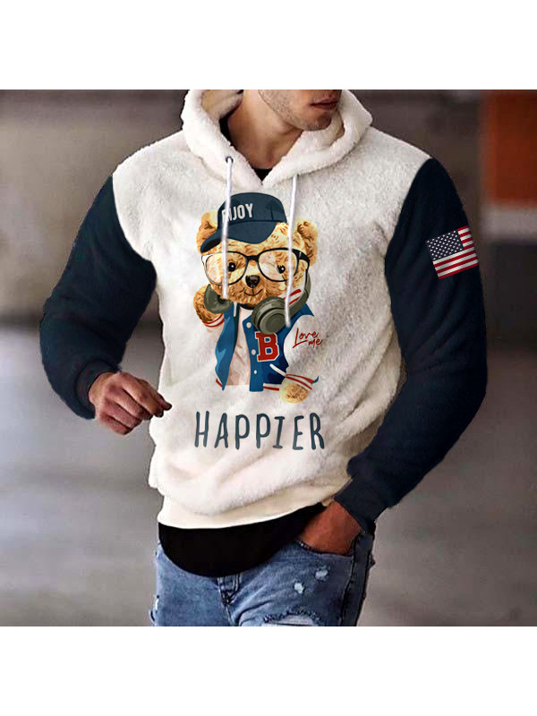 American Flag Bear Lamb Wool Warm Hoodie