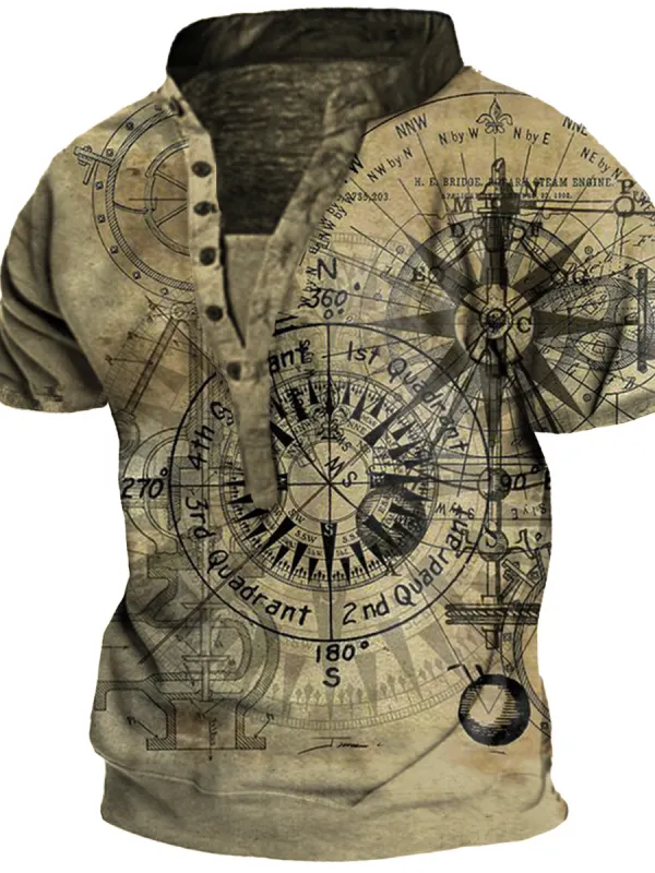 Men's Outdoor Vintage Nautical Compass Print Henley Shirt - Oasisjoy.com 