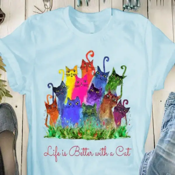 Round Neck Color Animal Cat Print T-Shirt - Kalesafe.com 