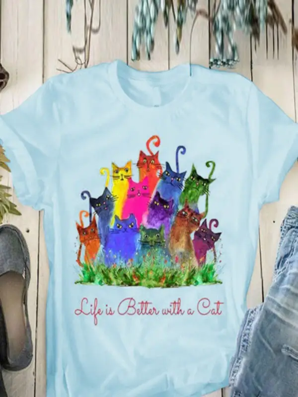 Round Neck Color Animal Cat Print T-Shirt - Oasisjoy.com 