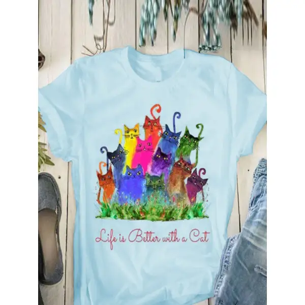 Round Neck Color Animal Cat Print T-Shirt - Chrisitina.com 