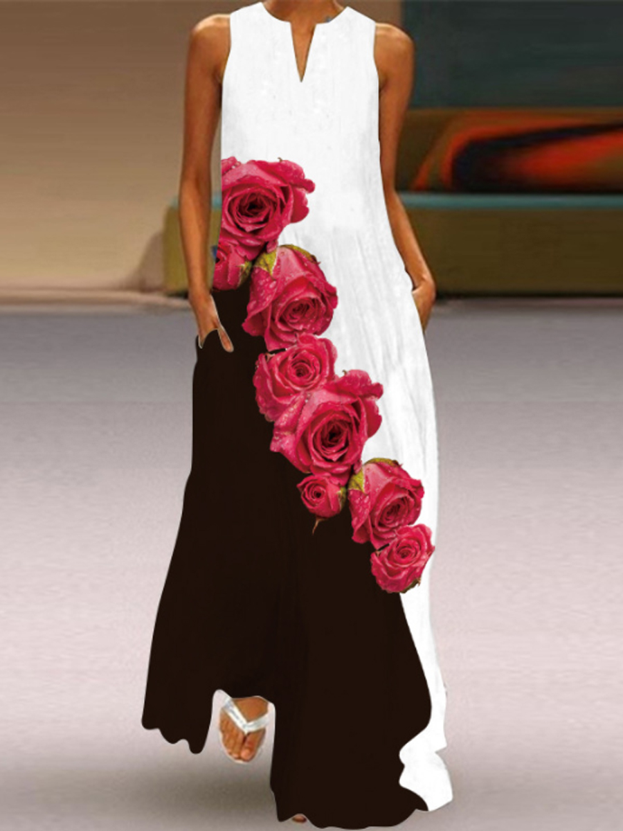 Ladies Printed V neck Sleeveless Maxi Dress