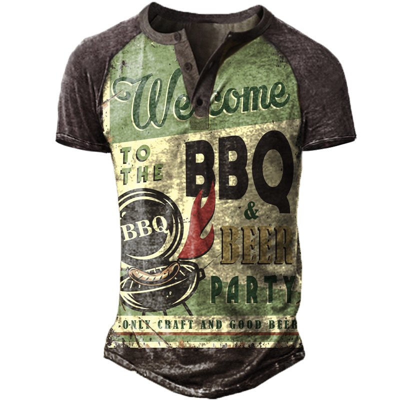 Men's Outdoor Beer Bbq Print Chic Henley Shirt