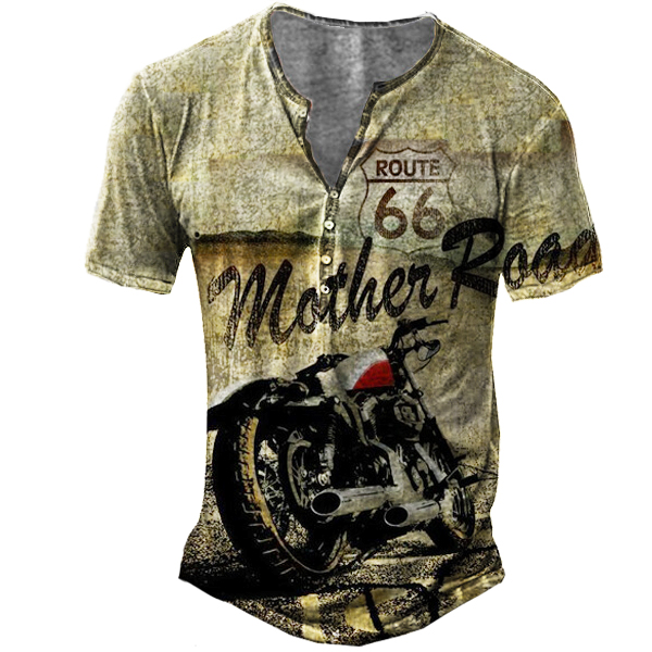 Men's Route 66 Motorcycle Print Chic Henley Short Sleeve T-shirt