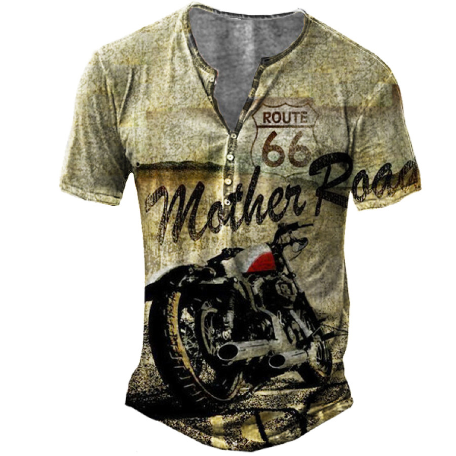 

T-shirt Henley à Manches Courtes Et Imprimé Moto Route 66 Pour Homme