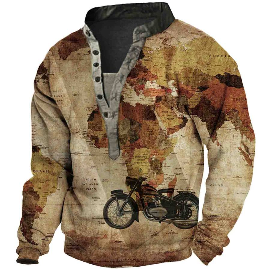 

Men's Vintage Motorcycle World Map Henley Collar Sweatshirt