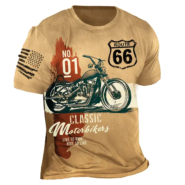 Men's Route 66 Vintage Motorcycle Print Cotton T-Shirt - Sanhive.com 