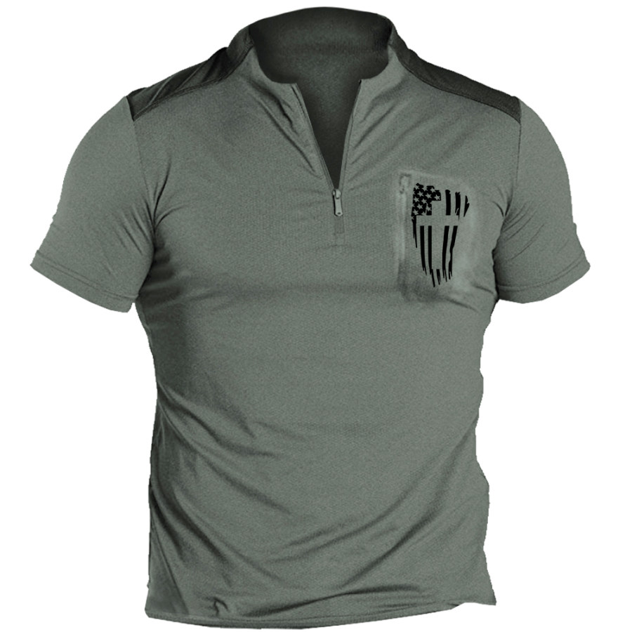 

Men's Outdoor American Flag Tactical Zip Stand Collar T-Shirt