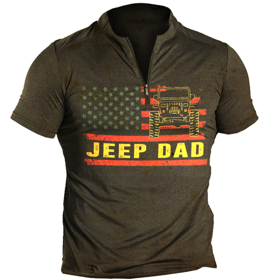 

Jeep Dad American Flag Jeep Men't Vintage Print Zip Stand Collar T-Shirt
