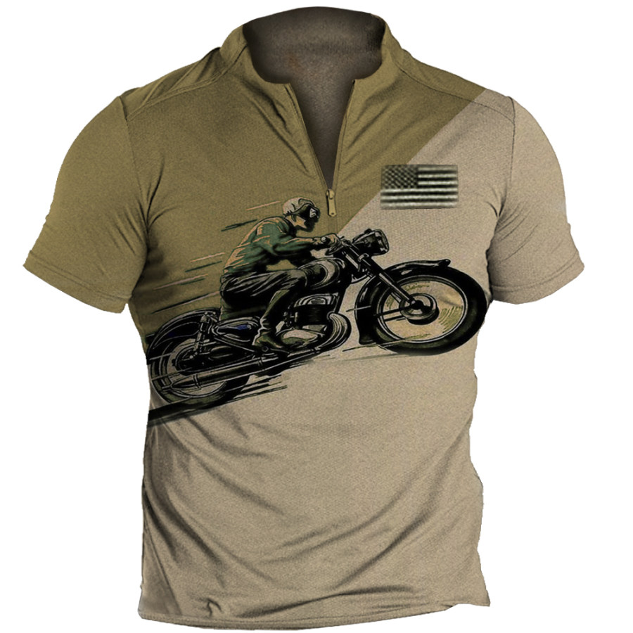 

Men's Outdoor Vintage Motorcycle Print Tactical Zip Up Collar T-Shirt