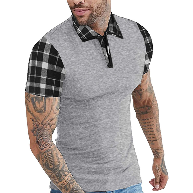 Men's Plaid Panel Solid Chic Short Sleeve Casual Polo Neck T-shirt