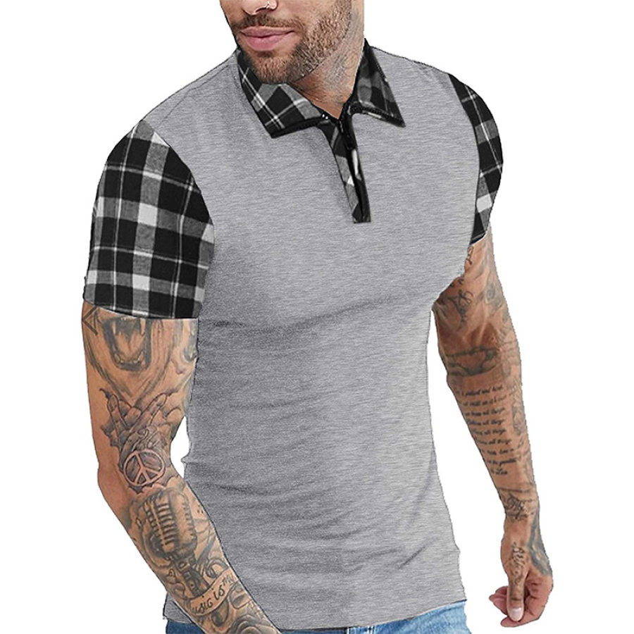 

Men's Plaid Panel Solid Short Sleeve Casual Polo Neck T-Shirt