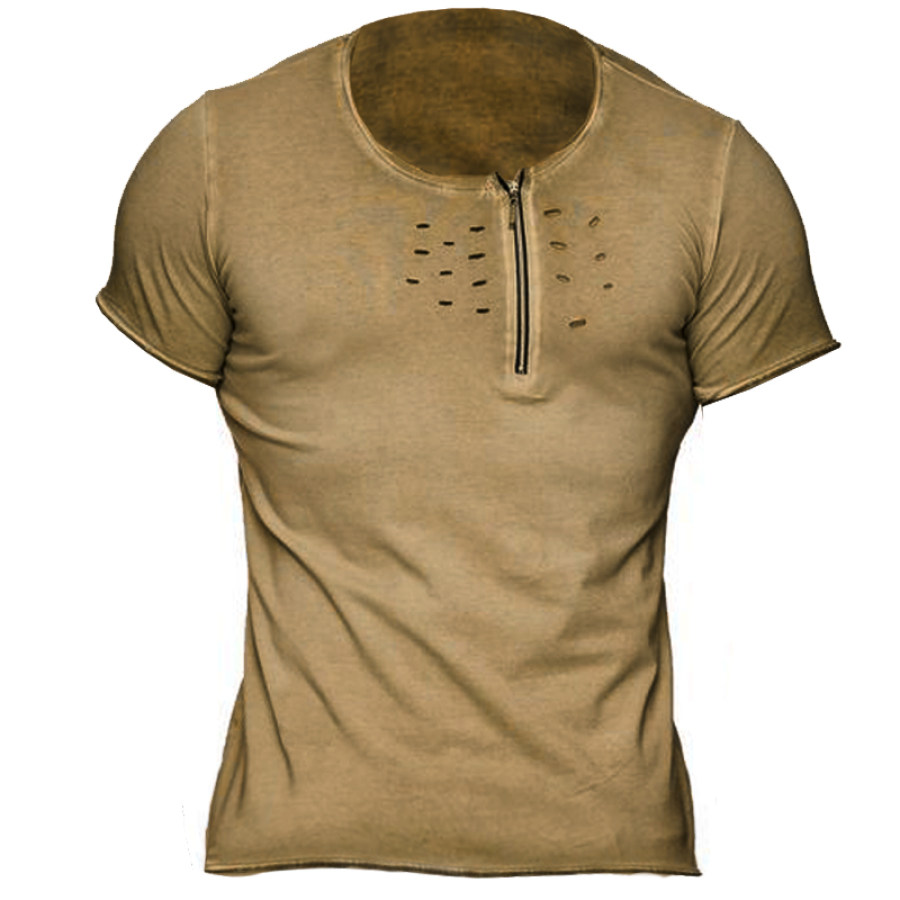 

Men's Zip-Up Vintage Shredded Print Crew Neck T-Shirt