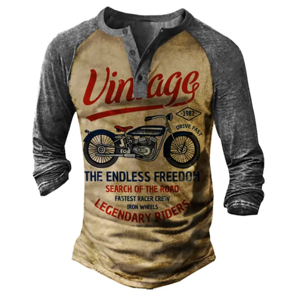 Vintage Motorcycle Racing Men's Print Henley Shirt - Kalesafe.com 