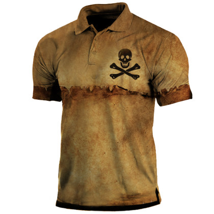 Pirate Skull Men's Vintage Print Polo Collar Short Sleeve T-Shirt
