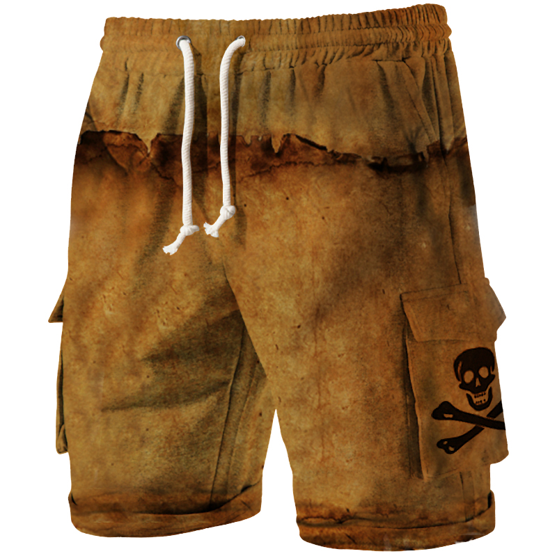 Men's Pirate Skull Vintage Print Sports Pocket Drawstring Shorts