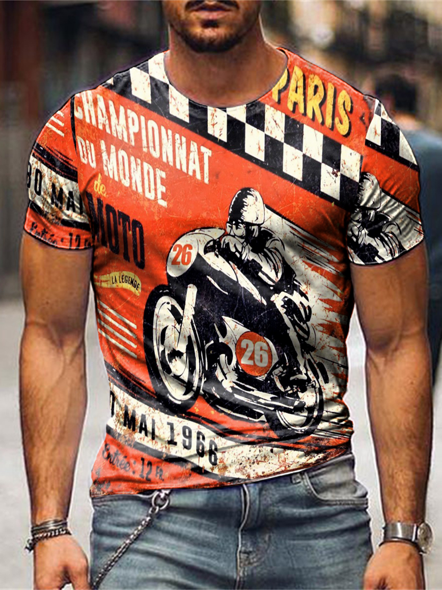 Mens Crew Neck Motorcycle Chic Short Sleeve Tops T-shirts