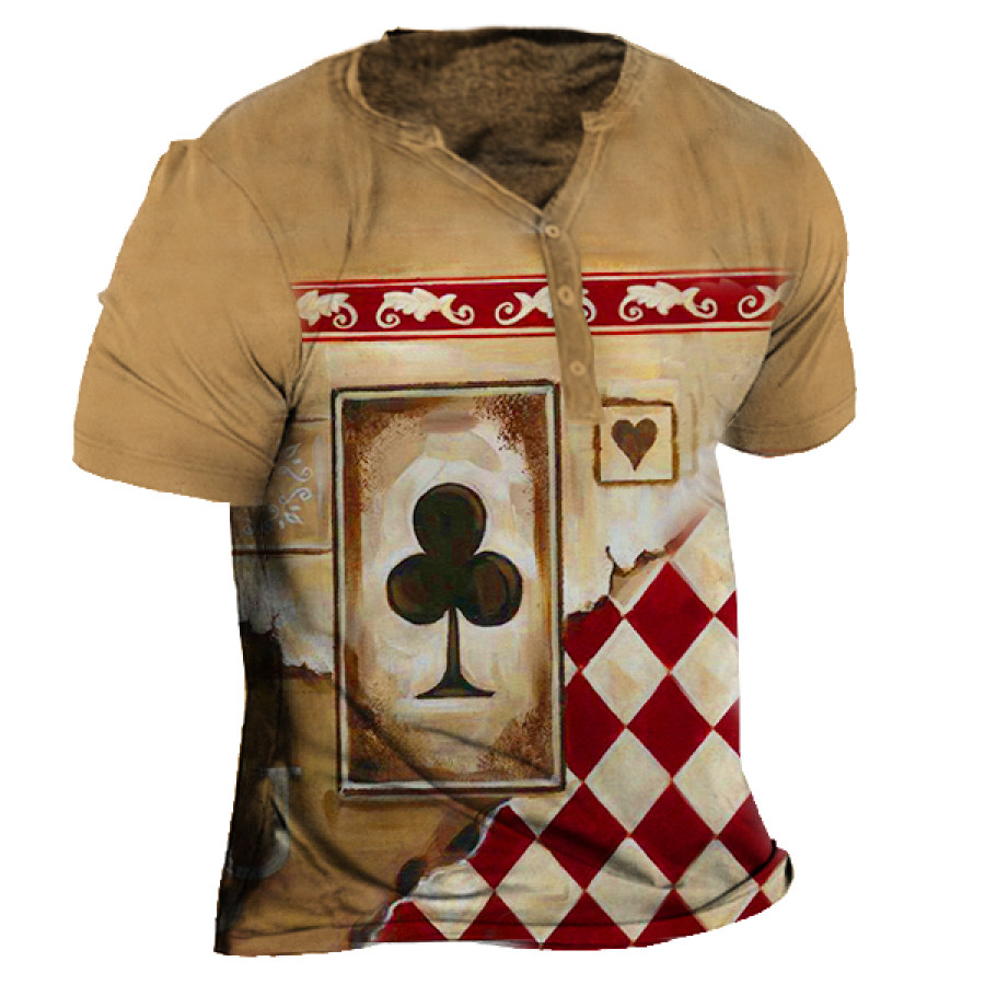 

Men's Vintage Poker Print Henley Collar T-Shirt