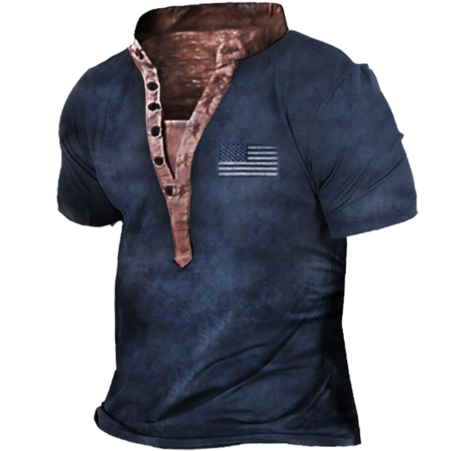 

Men's American Flag Vintage Henley Collar T-Shirt