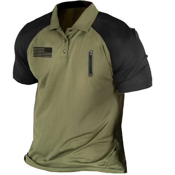 Men's American Flag Zip Chic Colorblock Polo T-shirt