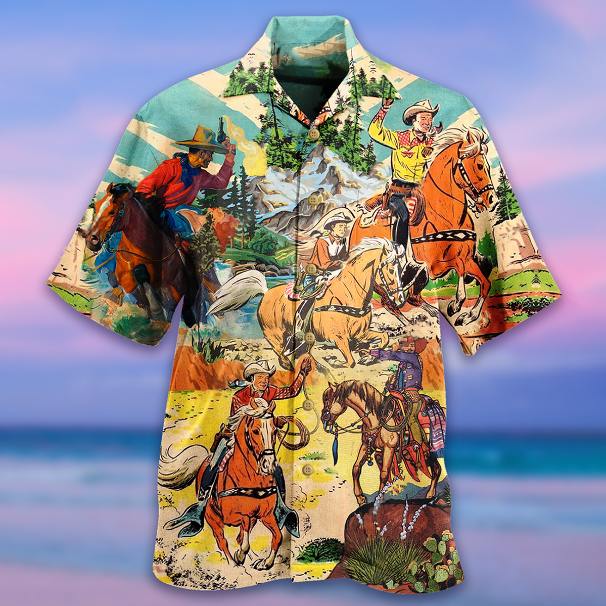 Men's Cowboy Beach Short Sleeve Chic Shirt Two Piece Suit