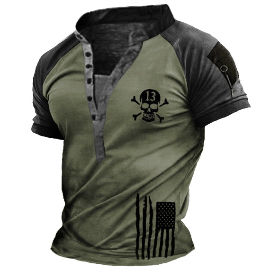 

Lucky 13 American Flag Outdoor Men's Henley Short Sleeve T-Shirt