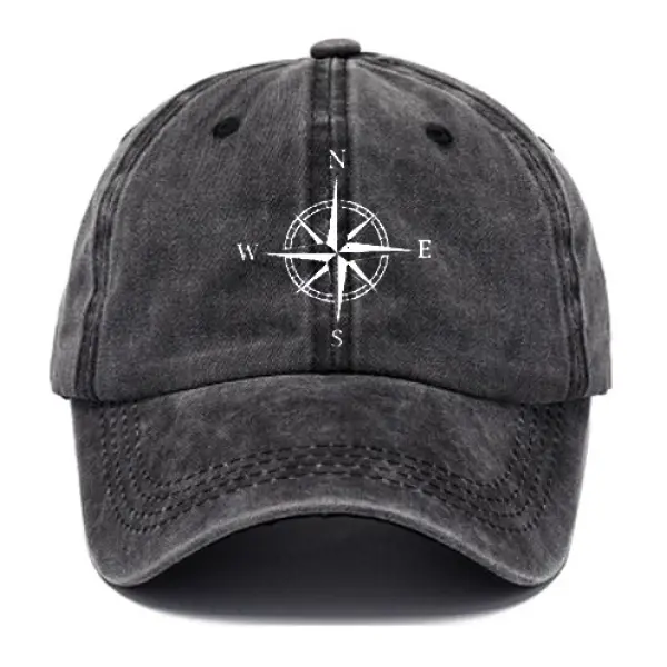 Men's Compass Print Washed Cotton Peaked Cap - Ootdyouth.com 
