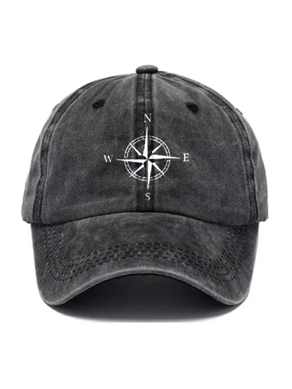 Men's Compass Print Washed Cotton Peaked Cap - Ootdmw.com 