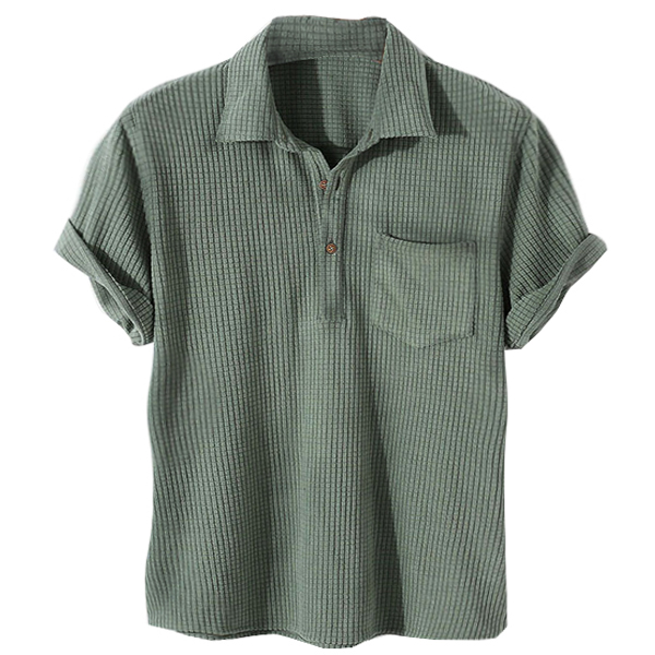 Waffle Men's Outdoor Pocket Chic Henley Polo Collar Short Sleeve Shirt