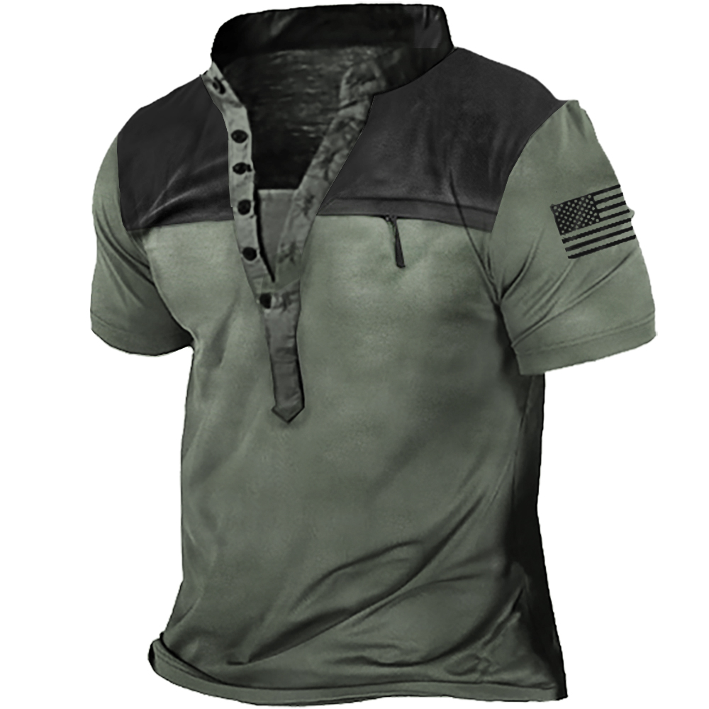 Men's Outdoor Tactical Patchwork Chic Zip Pocket Henley Collar T-shirt