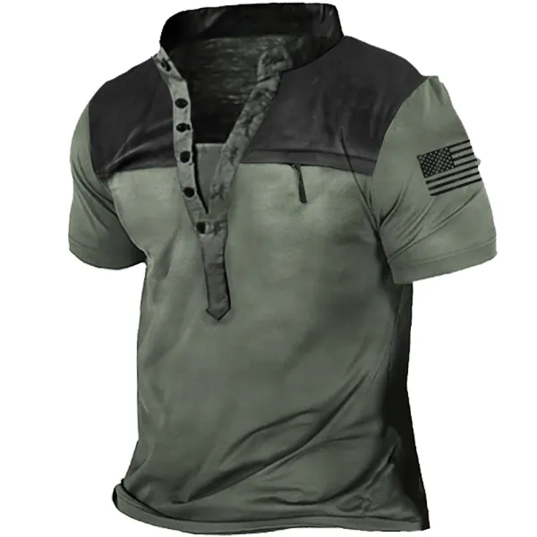 Camiseta De Cuello Henley Con Bolsillo Con Cremallera Y Patchwork Táctico Para Hombre Al Aire Libre - Kalesafe.com 