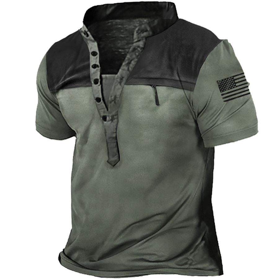 

Taktisches T-Shirt Für Herren Im Patchwork-Stil Mit Reißverschlusstasche Und Henley-Kragen