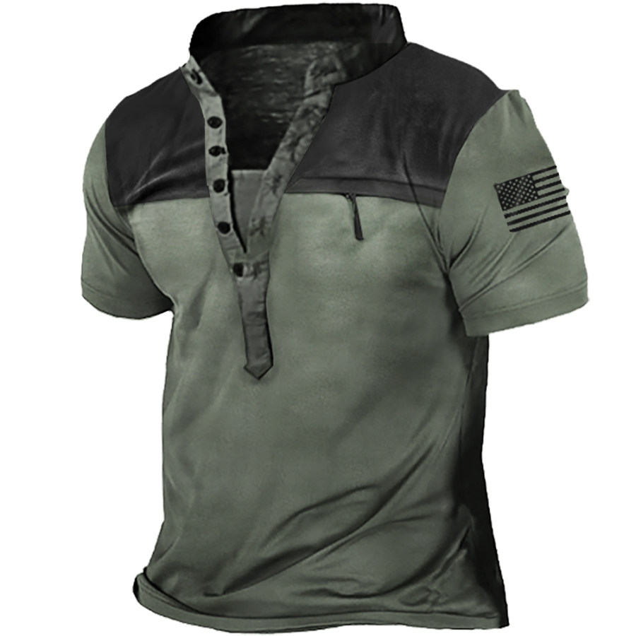 

Camiseta Masculina Tática Patchwork Com Zíper Bolso E Gola Henley