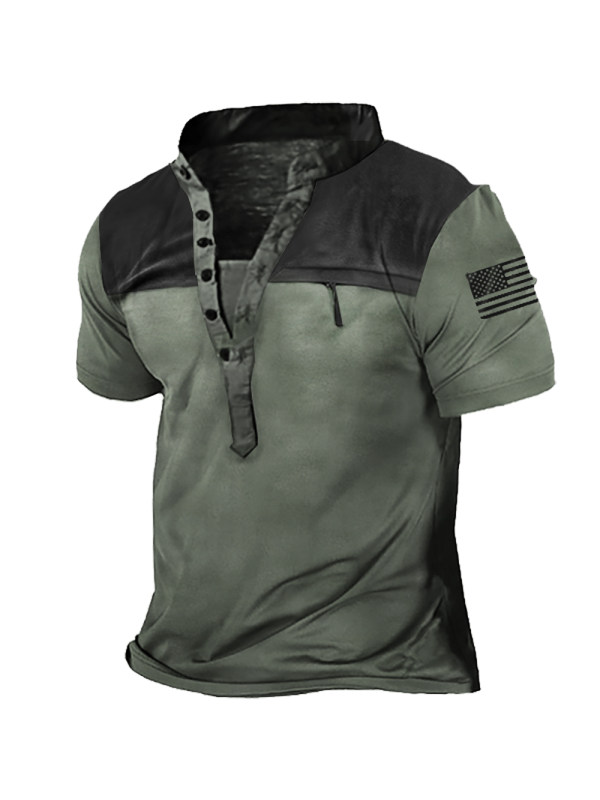 Men's Outdoor Tactical Patchwork Zip Pocket Henley Collar T-Shirt