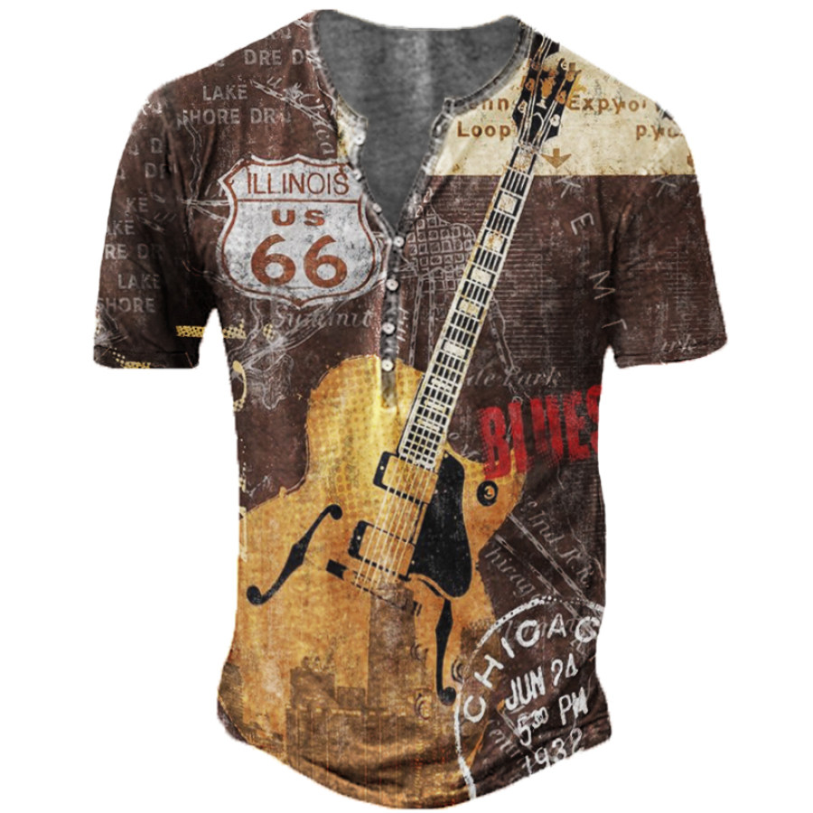 

Men's Vintage Route 66 Guitar Print Henry T-Shirt