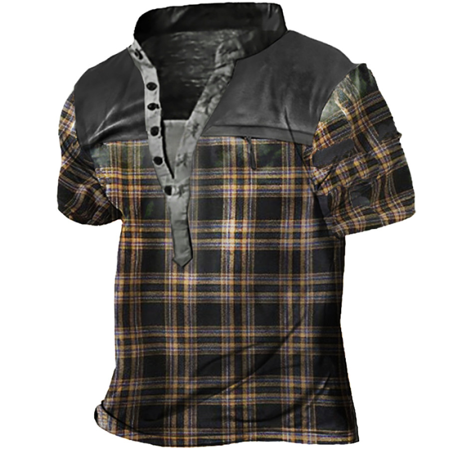 

Men's Outdoor Vintage Patchwork Plaid Henley Shirt