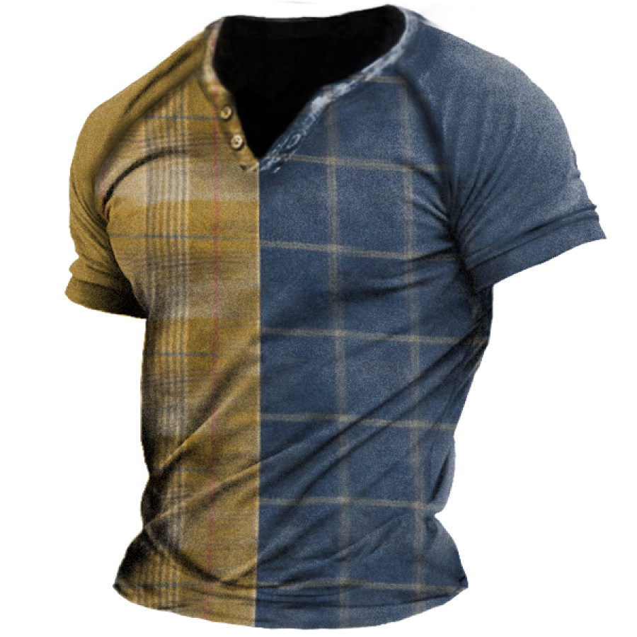 

Men's Vintage Plaid Patchwork V-Neck T-Shirt