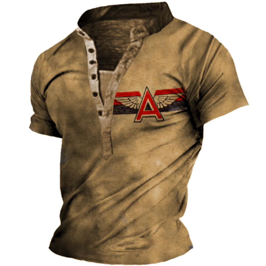 

Men's Outdoor Legendary Wings Letter Print Henley Collar T-Shirt