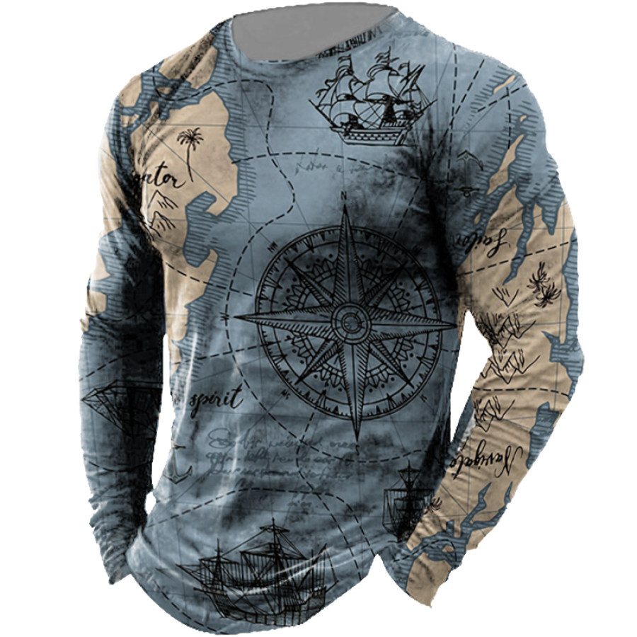 

Men's Vintage World Map Compass Print Long Sleeve T-Shirt
