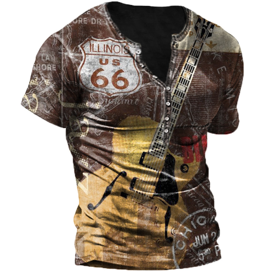 

Men's Vintage Route 66 Guitar Print Henley T-Shirt