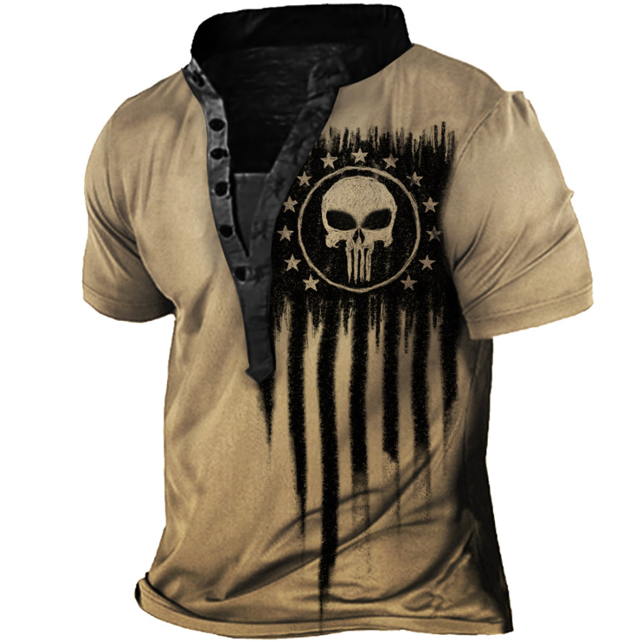 

Men's Vintage Skull Flag Print Henley Collar T-Shirt