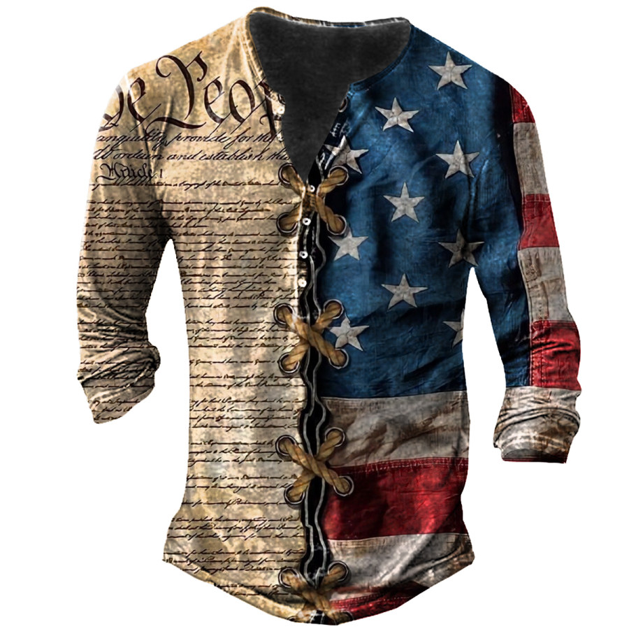 

Men's American Flag Vintage Henley Long Sleeves -Shirt