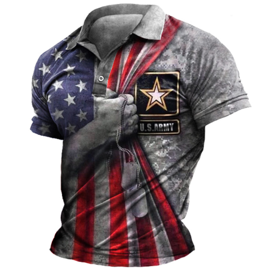 

US Army Print Men's Vintage Polo Collar T-Shirt