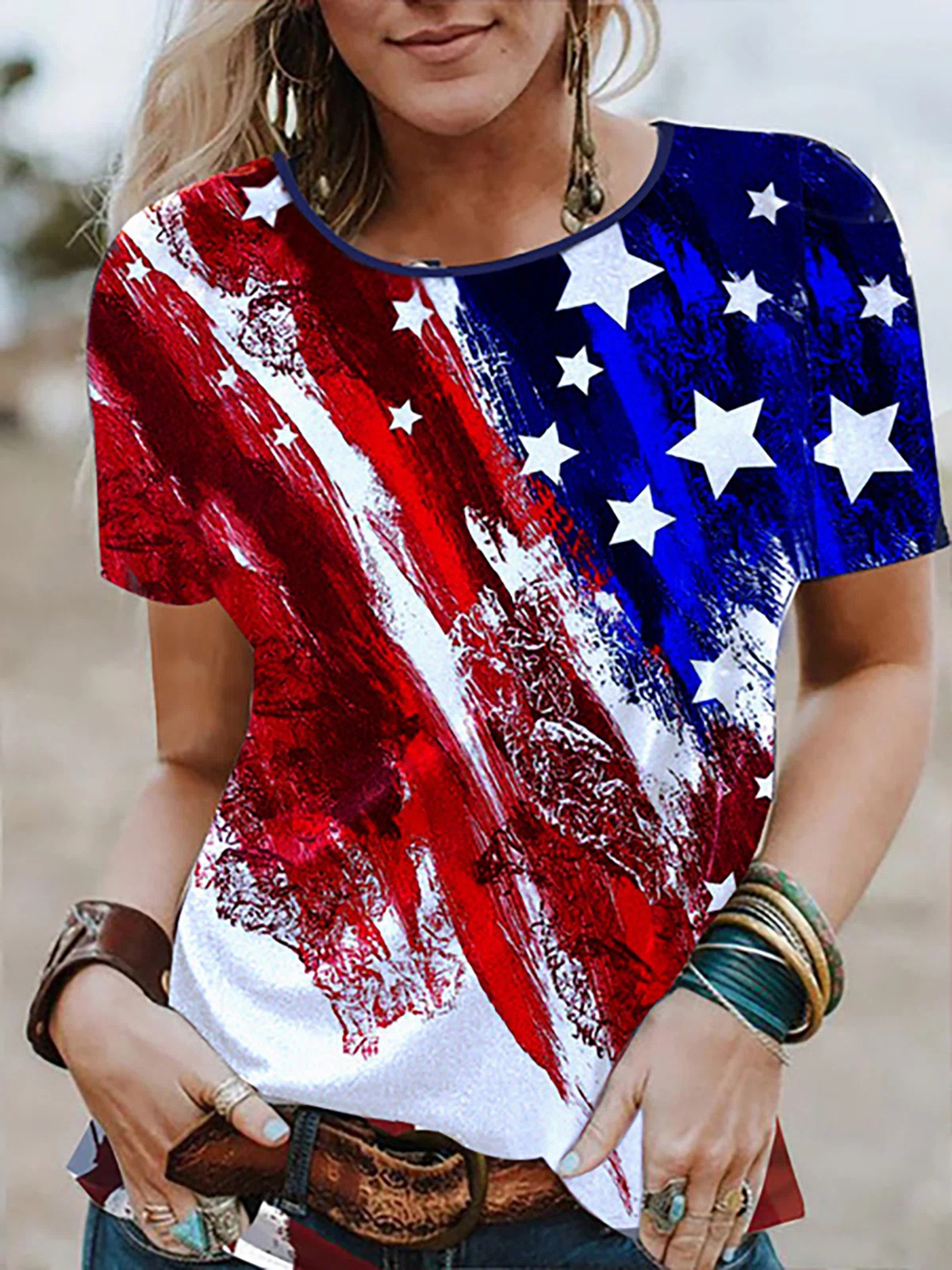 Women's Crew Neck American Chic Flag Casual T-shirt